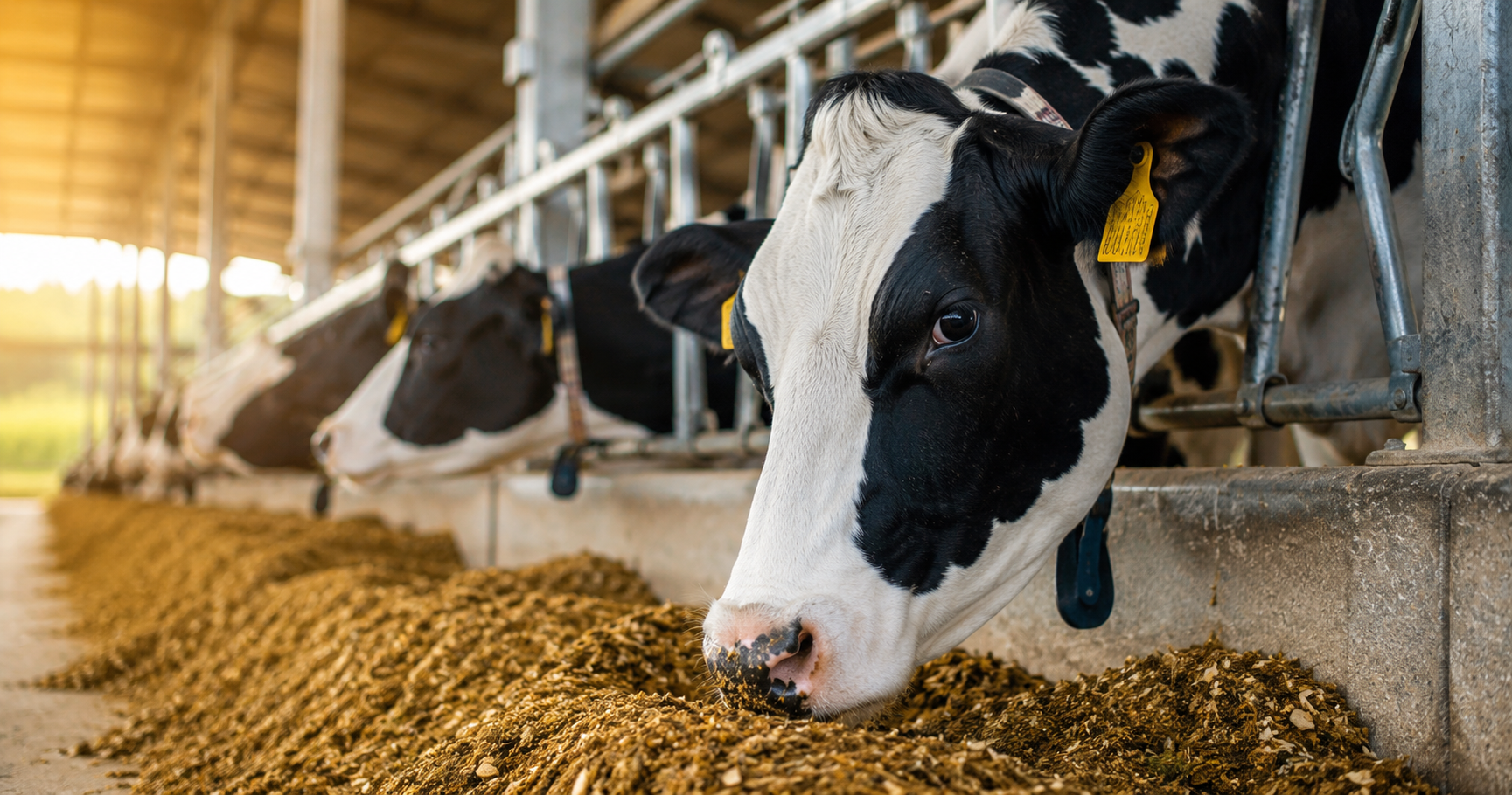 Vacas leiteiras de alta produção alimentando-se em sistema moderno com foco em eficiência alimentar e rentabilidade.
