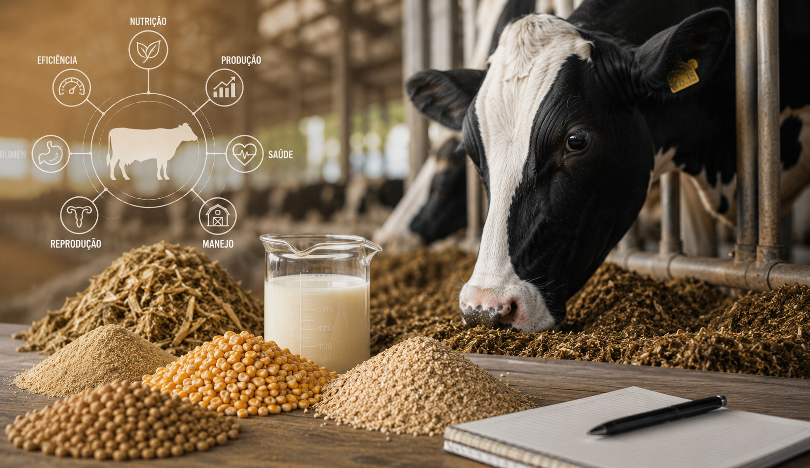 Vacas leiteiras em sistema moderno de produção recebendo dieta balanceada para melhorar saúde ruminal, eficiência alimentar e produção de leite.