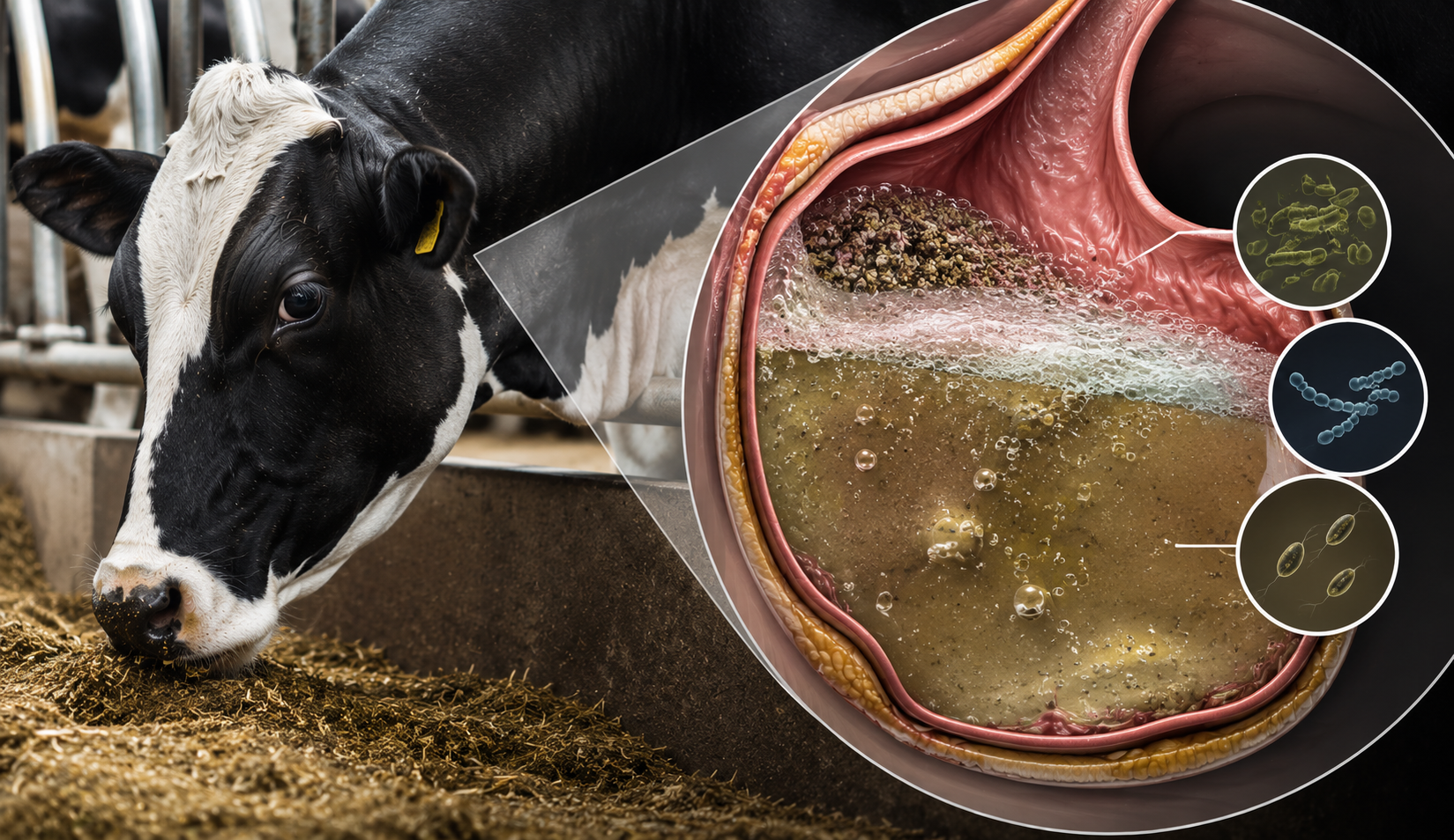 Vaca Holandesa alimentando-se em cocho com dieta balanceada para prevenir acidose ruminal e manter a saúde do rúmen.