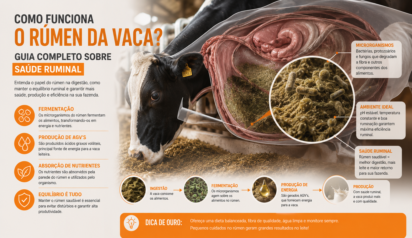 Interior de um rúmen bovino representado em ilustração técnica mostrando fermentação ruminal e microbiota responsável pela digestão dos alimentos.