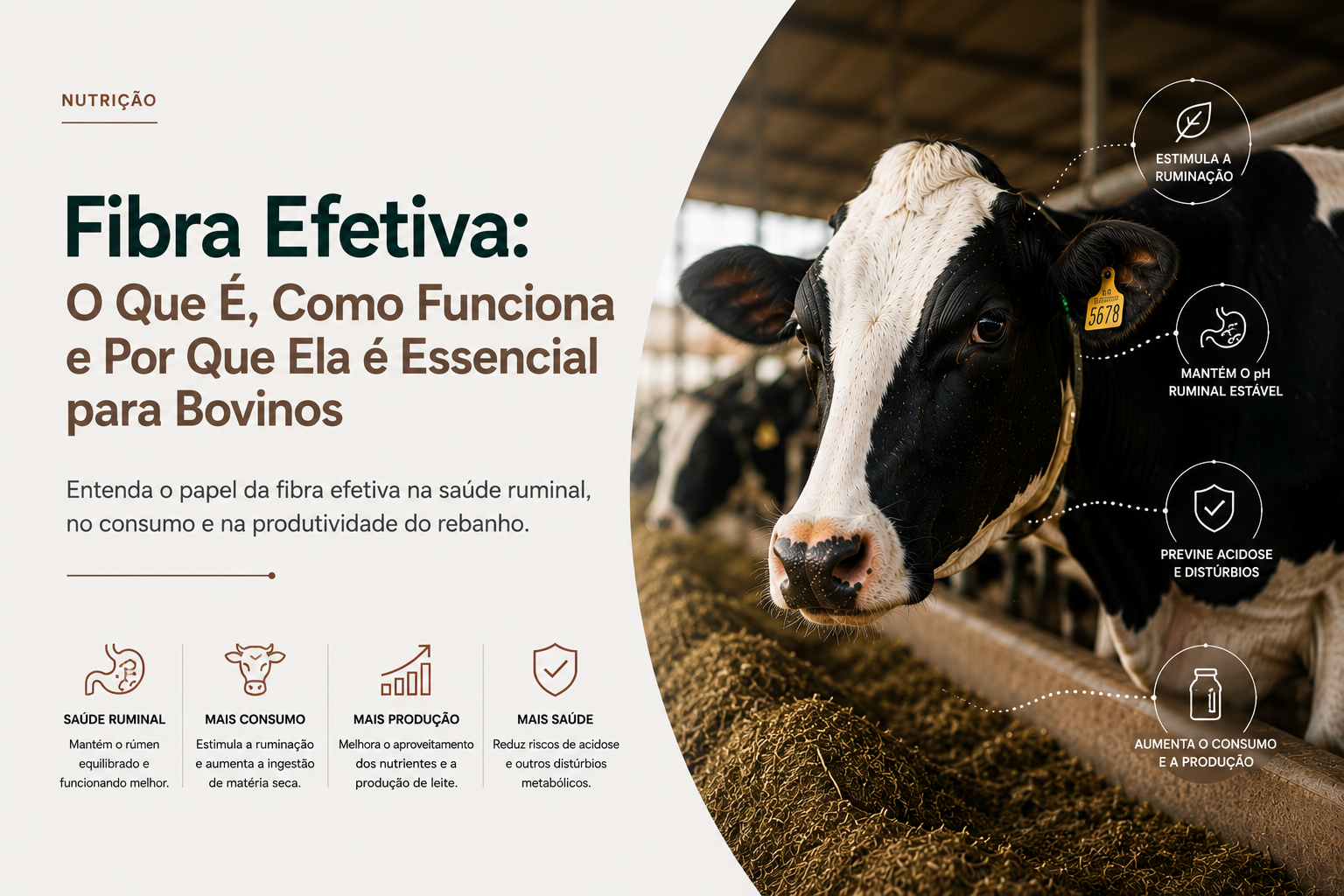Vacas Holandesas consumindo dieta total misturada rica em fibra efetiva para estimular ruminação e manter a saúde ruminal.